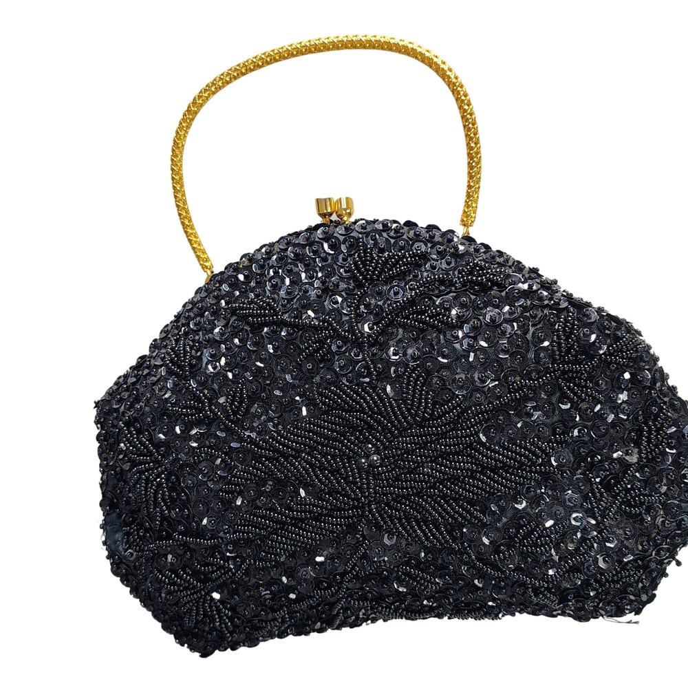 1960s Black Beaded Evening Bag Kiss Closure Handbag Gold Metal Top Handle Purse